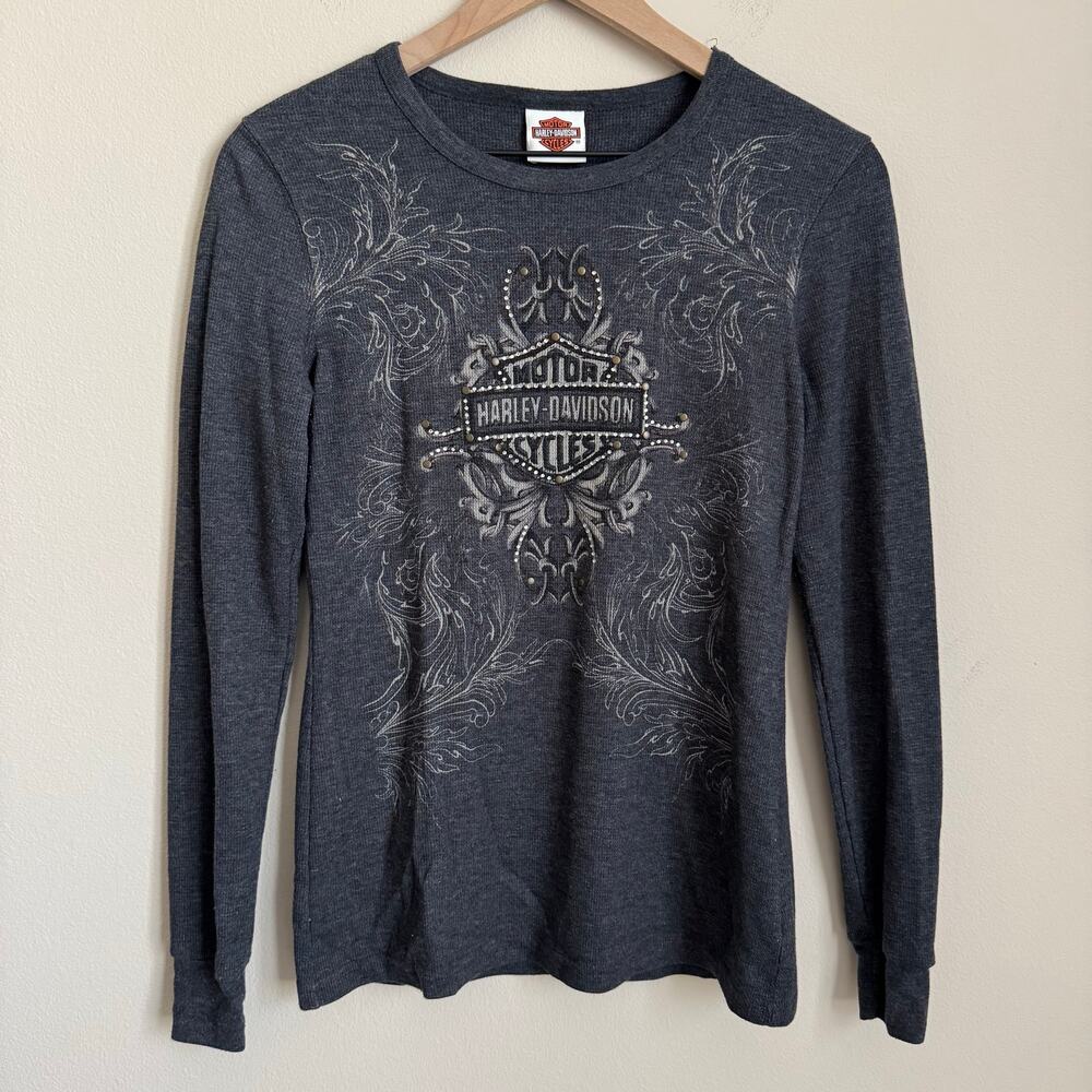 Vintage Harley Davidson Women Gray Waffle Longsleeve Studded Top Size Medium Y2K